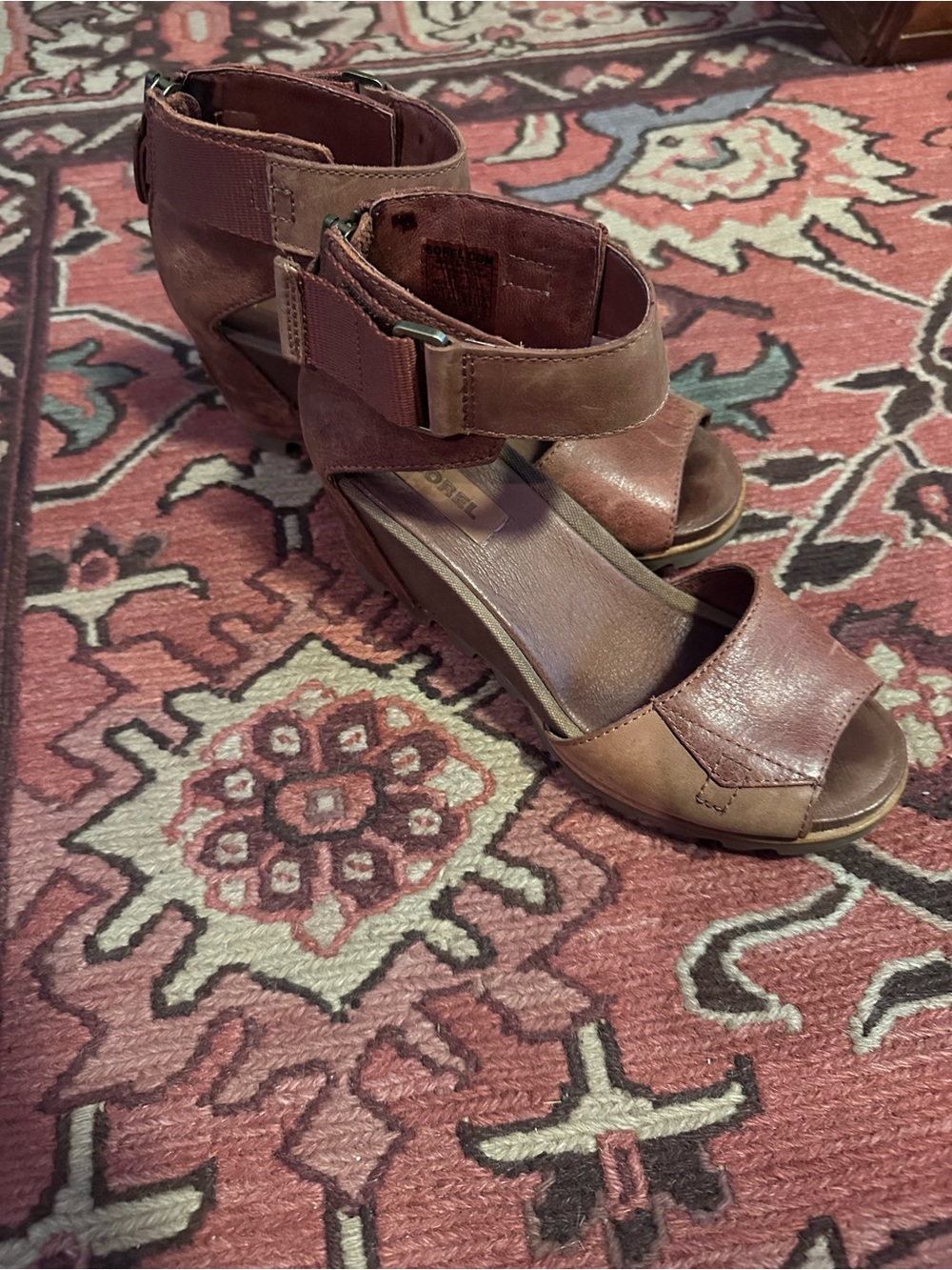 Sorel Brown Leather Ankle-Strap Wedge Sandals